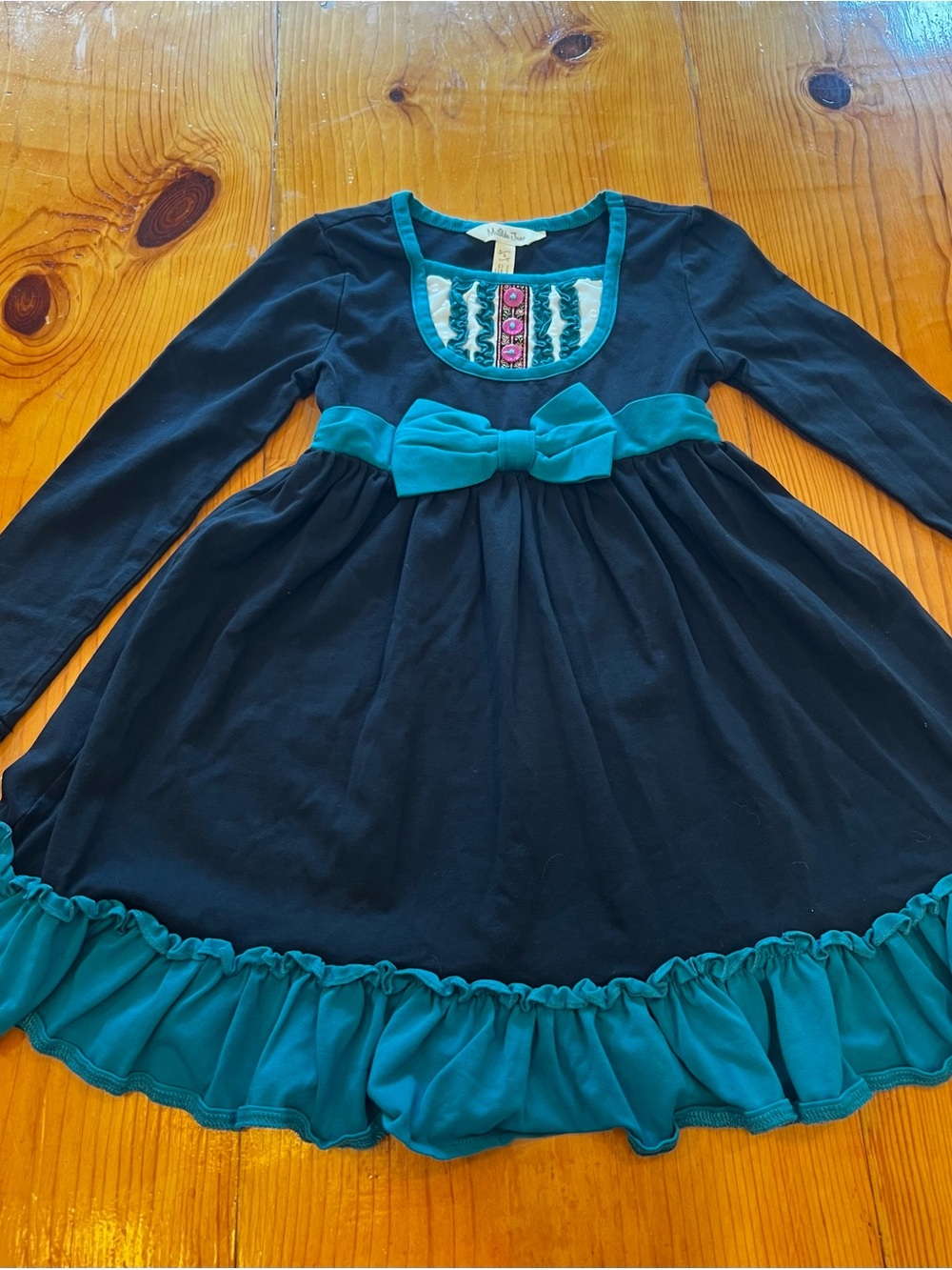 Girls Matilda Jane Teal-Trim Black Long Sleeve Dress
